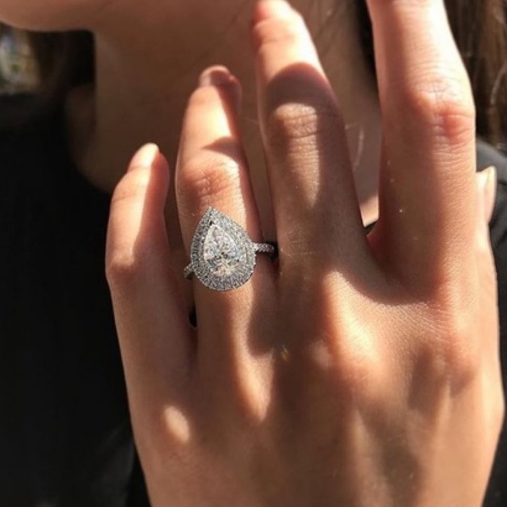 💍925 SILVER PEAR CUT TEARDROP DIAMOND HALO RING💍 - Picture 4 of 5